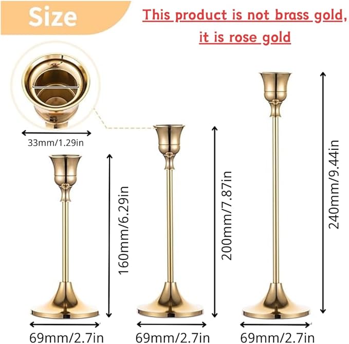 Rose Gold Taper Candle Holders Set of 3 – Metal Candlestick Holders for Table Centerpiece, Modern Vintage Décor for Wedding, Mantel, Dining Room, Home & Housewarming Gifts