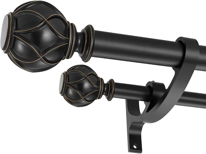 Matte Black Double Curtain Rods, 72 to 144 Inches, Classic Finials, Adjustable 1-Inch Front and 5/8 Inch Back Window Rods