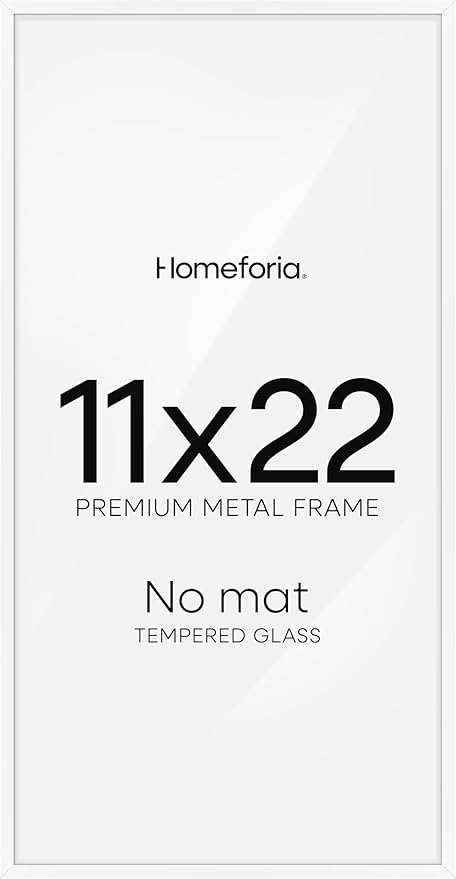 Homeforia 11x22 White Newspaper Frame, High End Metal 11 x 22 Picture Frame without Mat, 22x11 Thin White Poster Frames for Wall, 11by22 inches Display Photo Frames, Tempered Glass, Wall Kit, Set of 1