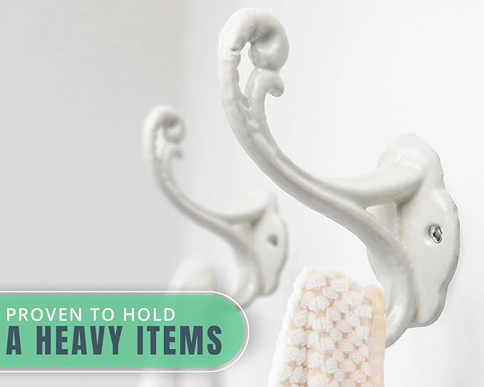 Comfify Decorative Rustic Wall Hooks – Shabby Chic Set of 4 Wall Mounted for Coats, Bags, Towels and More – Vintage Hooks for Farmhouse Decor - Sturdy, Cast Iron in Rustic White Color