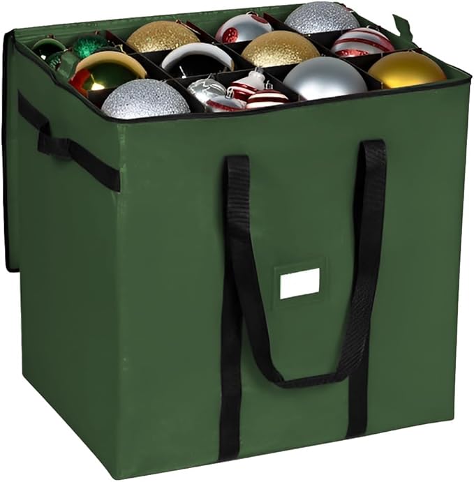Christmas Extra Large Ornament Storage Container - Box Stores Up to 48 – 6” Ornaments – With 4 Individual Trays -Heavy Duty 600D Tear Resistant Material, Zippered, Adjustable Dividers - Green