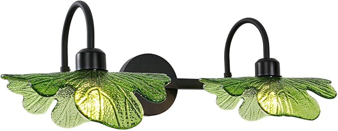 2-Light Vanity Light, Black Wall Sconce with Green Glass Shade, Vintage Bathroom Light Fixture for Over Mirror, Bedroom, Hallway, Living Room