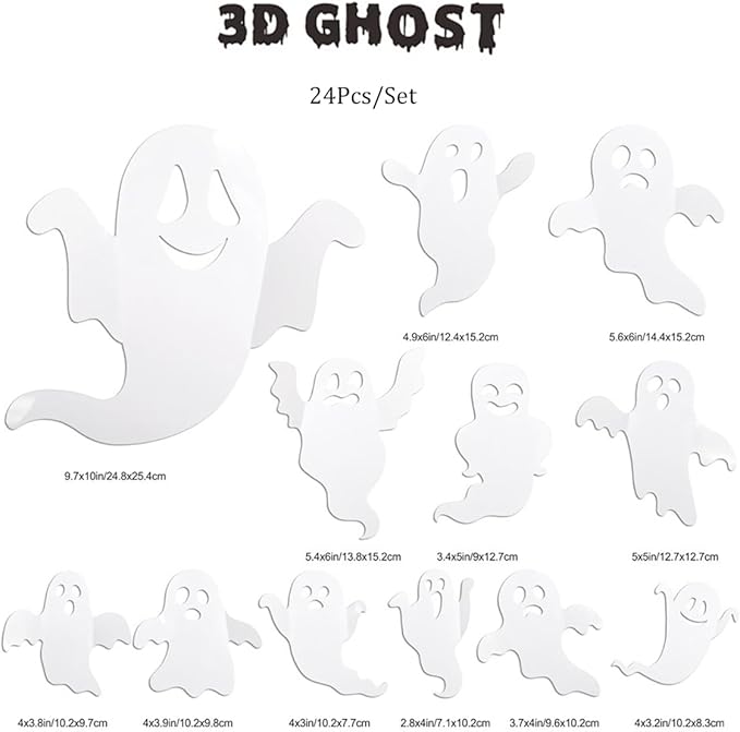 Halloween Decorations 3D Ghost Wall Sticker Halloween Ghost Wall Decal for Home and Room Windows Clings Fireplace Ceiling Kitchen Bedroom Décor Halloween Ghost Party Decor Supplies Stickers Decals