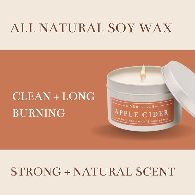 River Birch Candles Apple Cider Scented Candle | Premium, All-Natural, Non-Toxic, Soy Candles | 8 oz. Silver Tin Travel Candle | Cozy Relaxing Gifts for Home