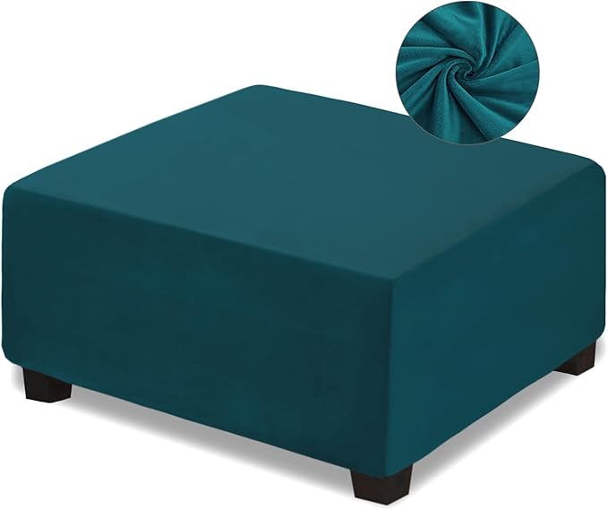 NeColorLife Square Ottoman Cover Velvet Ottoman Slipcover Thick Stretchable Footrest Stool Covers with Elastic Band for Oversized Ottoman (XX-Large Size,Lake Blue)