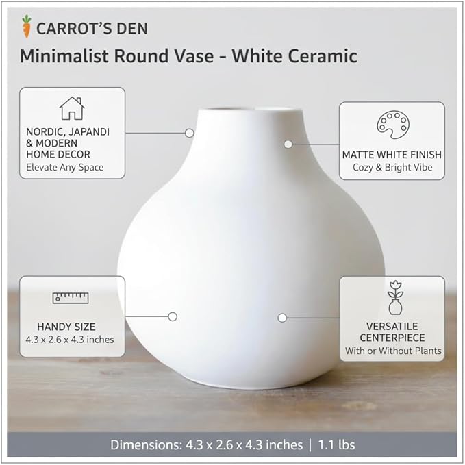 Carrot's Den White Round Vase - Minimalist Nordic, Japandi, Mid Century Modern Home Decor | Table Centerpiece, Wedding, Living Room, Bookshelf, Office, Modern Home, Entryway, Console (White)