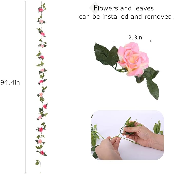 4 Pack(28.8 Ft) Artificial Silk Rose Flower Vines Fake Garland for Backdrop Hanging Garlands Decoration Wedding Arch Room(Rose Red)