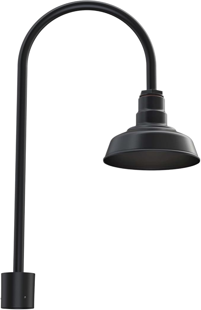 Steel Lighting Co. Hawthorne Light | Outdoor Pole Top Mounted | 8" Dome | Upslope Gooseneck with Slip Fitter for 2-3/8" Standard Poles | Made in America | Matte Black Exterior/Matte Black Interior