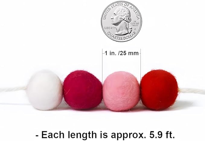 Pom Pom Garland Felt Ball Valentine Garland, 100% Wool,6.5 Feet Long,24 Pom-Poms，for Wall Christmas Tree,Parties, Valentine's Day Tree,Weddings Decor