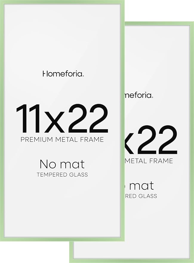 Homeforia 11x22 Newspaper Frame Sage Green, High End Metal 11 x 22 Picture Frame without Mat, 22x11 Thin Sage Green Poster Frames for Wall, 11by22 Photo Art Frame, Tempered Glass, Wall Kit, Set of 2