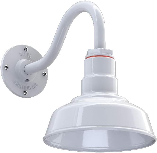 Steel Lighting Co. Hawthorne Barn Light | Outdoor Wall Mounted | 8 inch Dome | 11 inch Gooseneck| Small Farmhouse Light Made in America | White Exterior/White Interior