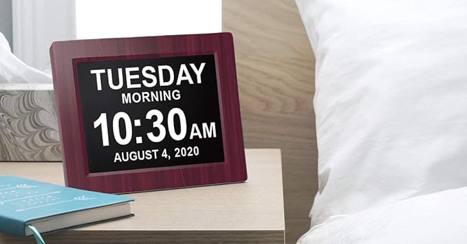 American Lifetime, Upgraded Version, Day Clock Extra Large Impaired Vision Digital Clock with Battery Backup and 5 Alarm Options, Premium Mahogany Color, 8 inch