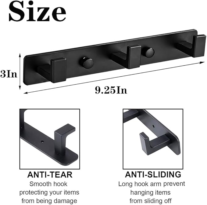 Coat Rack, Heavy Duty Stainless Steel 9 Tri Coat Hook Hanger, Wall Mounted Wall Hooks, Rustic Clothes Hook/Key Hook Rail for Bathroom Kitchen Entryway(9 Hook Black)