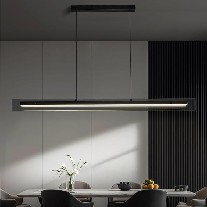 Glass Modern Black Linear Pendant Light - LED Hanging Kitchen Island Lights, Adjustable Dimmable Ceiling Fixtures, Minimalist Chandelier for Dining Room, Bar (63")