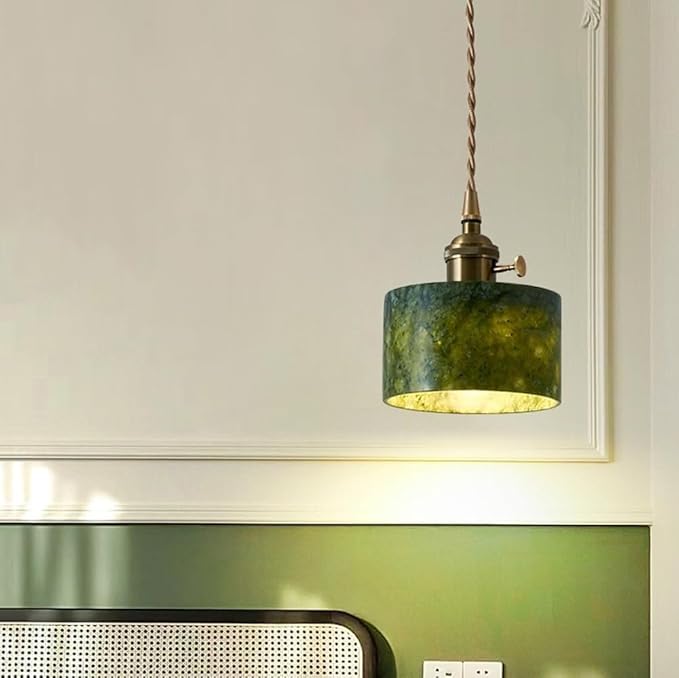 Modern Green Jade Stone Pendant Light Nordic Minimalist Pendant Lamp Cylindrical Hanging Lamp for Dining Room Kitchen Island Bar Bedside Lighting