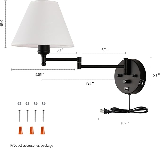 Swing Arm Wall Sconces, Plug-in Wall lamp,Bedroom Wall lamp ， White Fabric Shade，，with dimmable Switch and USB Charging Port, Suitable for Bedside, Living Room, Reading (Black)