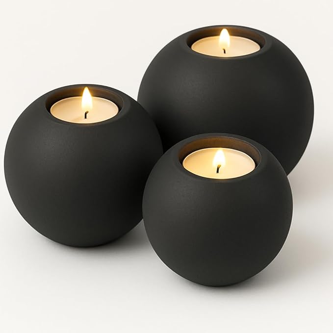 Concrete Sphere Tea Light Holder - Minimalist Centerpiece - Candle Holder - Modern Interior Design (Charcoal, Set of 3 Sizes)