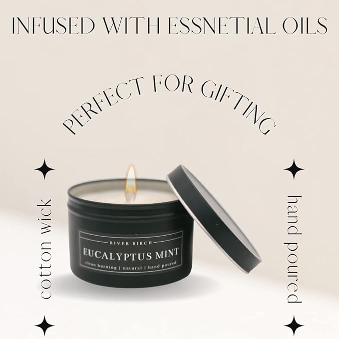 River Birch Candles Eucalyptus Mint Scented Candle | Premium, All-Natural, Non-Toxic, Soy Candles | 8 oz. Black Matte Tin Travel Candle | Cozy Relaxing Gifts for Home