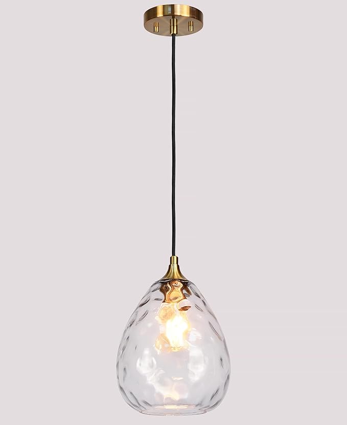 Gold Pendant Lighting with Clear Hammered Glass Shade, 1-Light Art Deco Hanging Lamp for Kitchen Island, Dining Room, Bedroom (Clear Glass Shade)