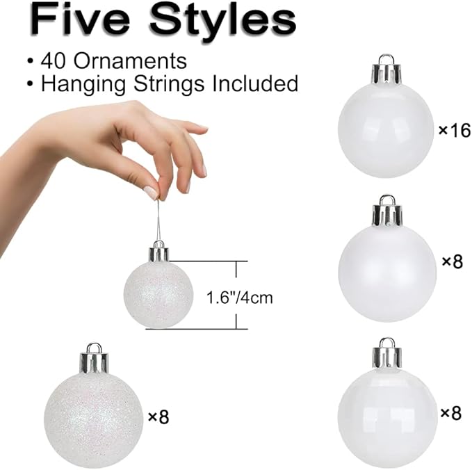1.57" Pearl White Christmas Balls Ornaments 40 Pcs Shatterproof Christmas Ornaments Set Halloween Balls Ornaments White Ornament for Xmas Tree Holiday Party