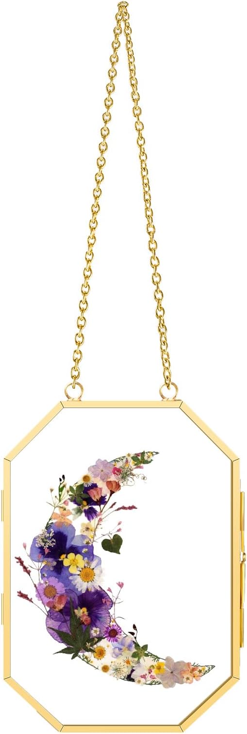 Pressed Flower Floating Frame with Tweezers,5.6x6inch, Gold Glass Hanging Brass Photo Frame with Chain, Double Clear Glass Vintage Octagon Design, Wall Craft Art Decor for Dried Plant Specimens Pictures Frame, Golden