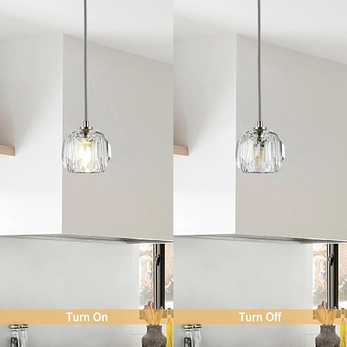 Modern Crystal Pendant Light, Brushed Nickel Single Pendant Light Fixture, Small Crystal Kitchen Island Hanging Lighting for Dining Room Bathroom