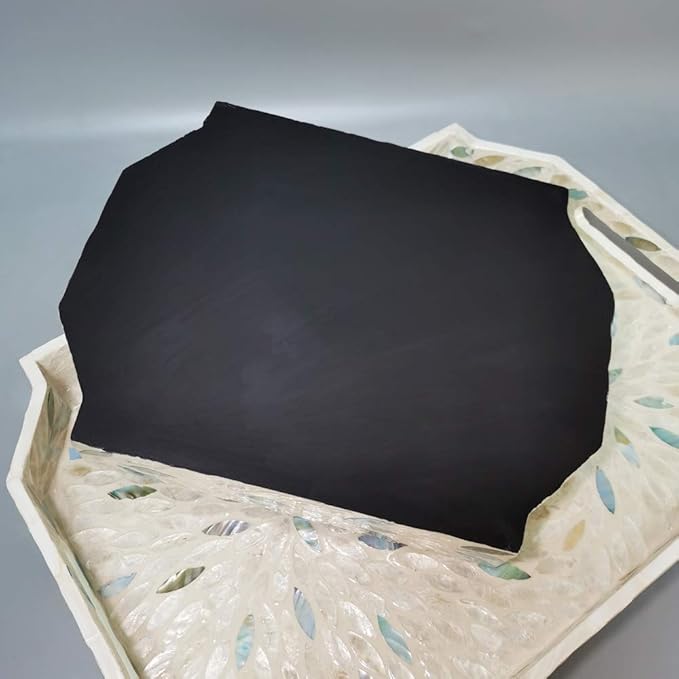 13 Inch Large Dodecagon Beige Green Mother of Pearl Severing Tray with Handle, Gorgeous Inlay Nacre Ottoman Tray with 2”Side, Lacquer Wooden Shell Decorative Tray for Coffee Table Home Decor, S, I-lan
