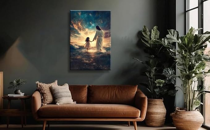 Eysintum Framed Jesus Wall Art Jesus with Girl Canvas Print Christian Faith Poster Inspirational Home Decor for Kids Room Nursery Living Room 24x36in Ready to Hang