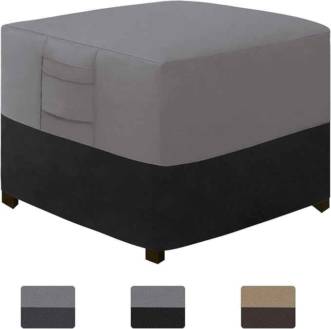 Easy-Going Outdoor Ottoman Cover, Waterproof Patio Ottoman Cover, Heavy Duty Outdoor Furniture Cover with Padded Handles (28"x28"x17", Gray/Black)
