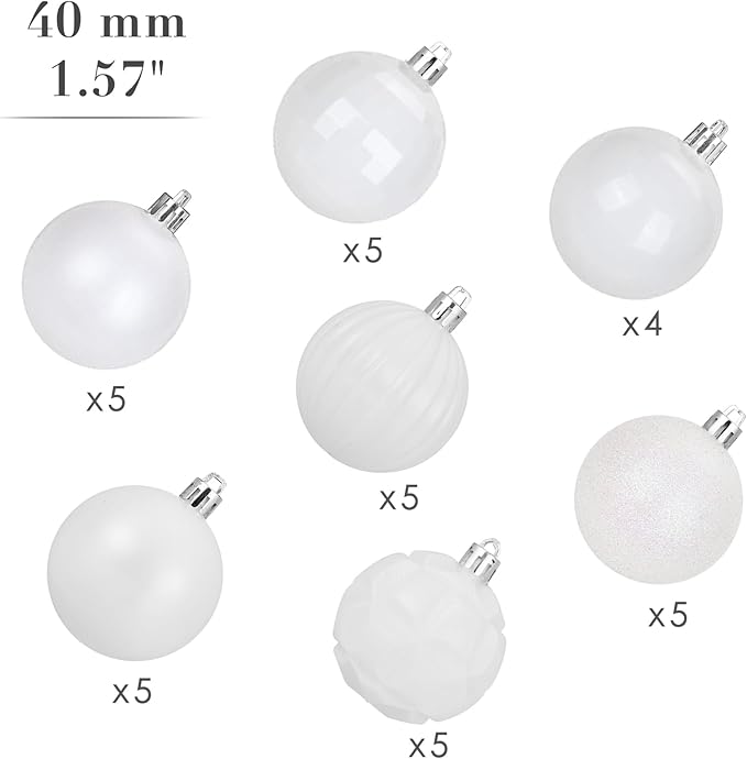AMS 34ct Christmas Ball Mini Ornaments Party Decorations Shatterproof Festival Pendant Hangings for Xmas Tree Decor(1.57''/40mm, White)