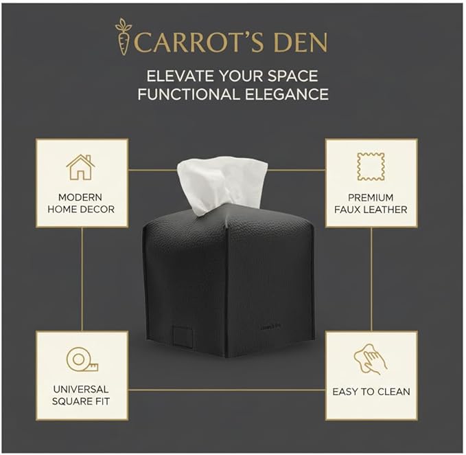 Tissue Box Cover Holder, Square with Bottom Belt by Carrot's Den - PU Leather Decorative Organizer for Tabletop, Bathroom, Car, Office | Black