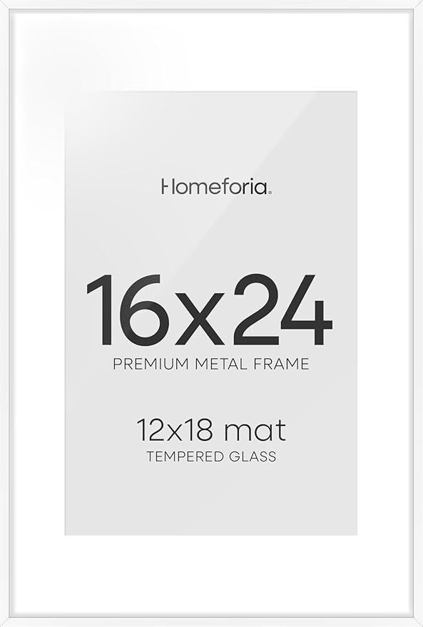 Homeforia 16 x 24 Picture Frame White, High End Metal 24x16 Poster Frame, 16 x 24 White Frames Matted to 12 by 18 inch Print, 24by16 Thin Frame with Mat 12x18 Photo, Tempered Glass, Wall Kit, Set of 1