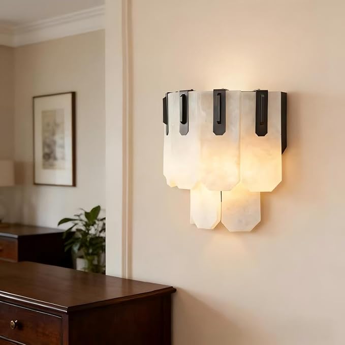 Modern Wall Sconce with Alabaster Shade - Piano Key Design Bathroom Vanity Light for Mirror, Bedroom, Hallway | Hardwired, E12 Bulb, Steel Frame (12" W)