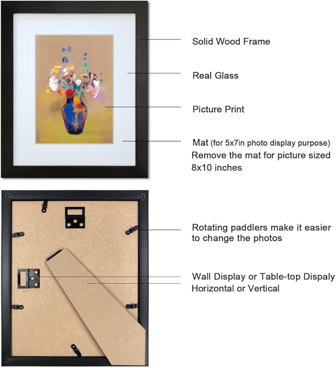8x10 Picture Frame Set of 2 Made of Solid Wood Photo Frame with Real Glass for Pictures 5x7 with Mat or 8x10 Without Mat, Wall Mount or Tabletop Gallery Photo Frames in Black