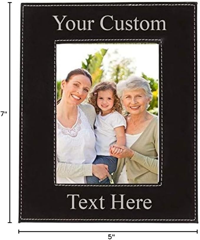 CustomGiftsNow Personalized Add Your Custom Text Engraved Leatherette Faux Leather Hanging/Tabletop Personalized Group Family Photo Picture Frame (Black, 4x6-inch Vertical)
