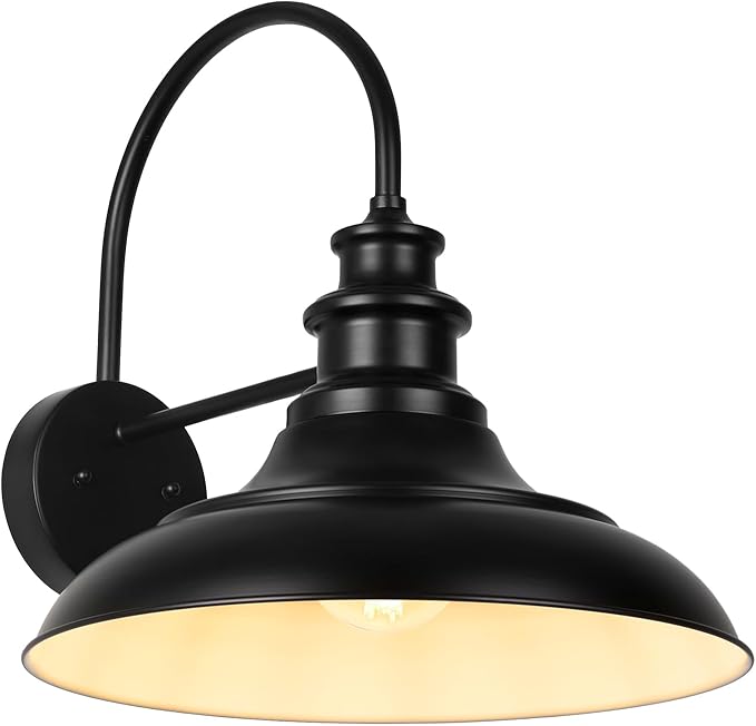 Outdoor Barn Light Fixture, 16 Inch Large Dome Farmhouse Exterior Wall Mount Light, Rustic Wall Sconce Indoor Wall Lighting Fixture, Industrial Black White Lantern for Porch, 1 Pack