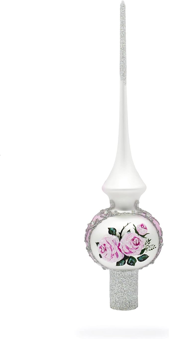 Pink Flowers Bouquet on Silver Glass Christmas Tree Topper 11 Inches