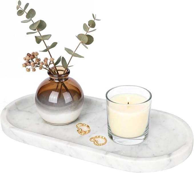 Natural Marble Tray for Vanity, 2" L x 6" W White and Gray Marble Tray with 4 Non-Slip Silicone Gaskets, Decorative Tray for Perfume, Jewelry, Coffee Table, Kitchen, Dresser Organizer