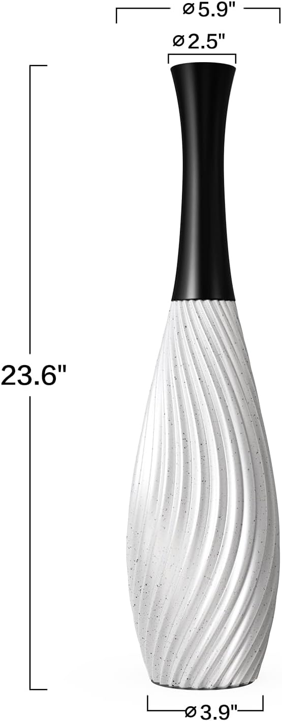 23.6" Silver Tall Vases - Black Neck Teardrop Tall Floor Vase with Textured Vertical Lines & Speckled Finish, Modern Decorative Floor Vase for Living Room, Office, Wedding Decor - Resin