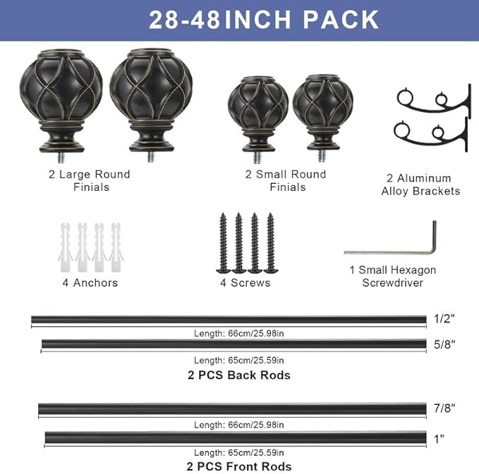Matte Black Double Curtain Rods 28 to 48 Inch, Decorative Double Window Rod with Classic Finials, 1-Inch Front and 5/8 Inch Back Double Rod Drapery Rods