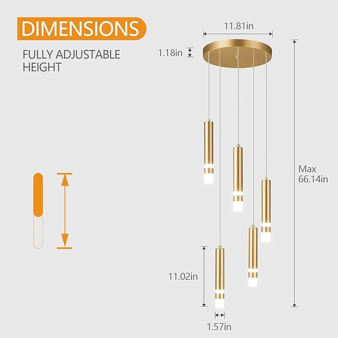 5-Light Modern Pendant Light Kitchen Island Light Fixture Dimmable LED Gold Mini Pendant Lights Dinning Room Kitchen Chrome Pendant Lighting