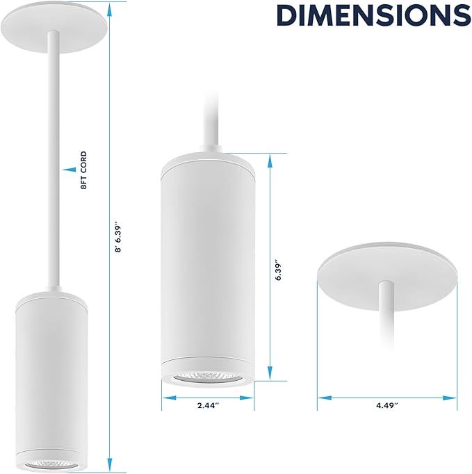 LUXRITE 2.5-Inch LED Cylinder Pendant Light with 8FT Surface Mount Cable, 5CCT 2700K-5000K Selectable, CRI90, 1100LM, 15W, TRIAC/0-10V Dimmable, Universal Voltage 120V-277V, IC Rated ETL, White Finish