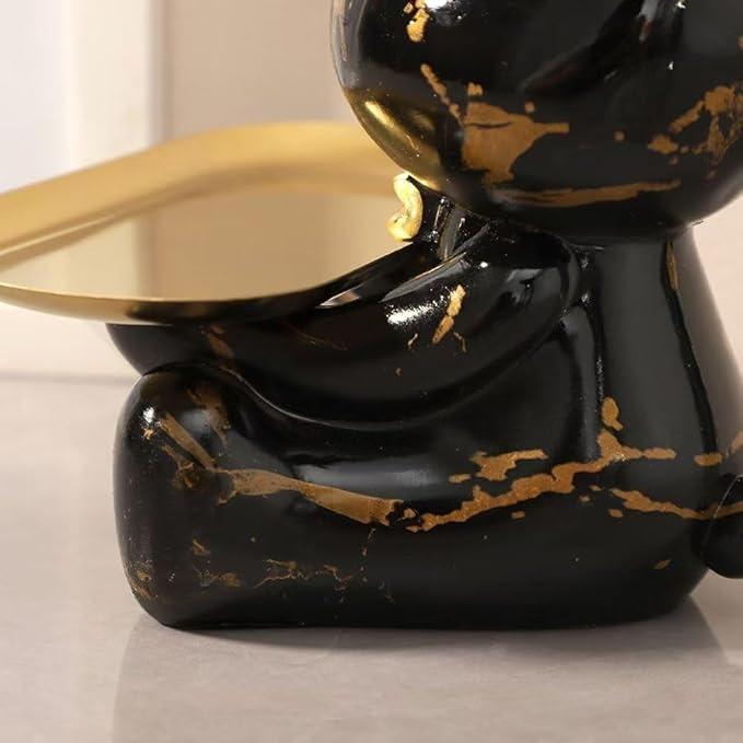 Resin Bear Sculpture, Accessory Tray Animal Statue, Sitting Bear for Home Decor and Office, Suitable for Bedroom, Living Room, Office on Table, Desktop, Shelves and Cabinet (Black Gold)