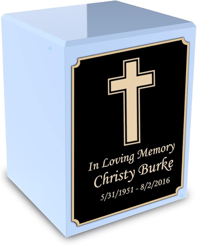 GetUrns Custom Simple Cross Small Urn Box for Human Ashes I Personalized Wooden Keepsake Cremation Urn for Male or Female I Light Blue Memorial Box I 40lbs