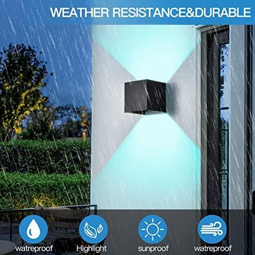 Wrasse RGB Outdoor Wall Sconce Lighting Color Changing Porch Wall Lights RGBW Modern Cube Light 120V Black Up Down Mounted Exterior Wall Sconces Fixtures for House Outside Front Door