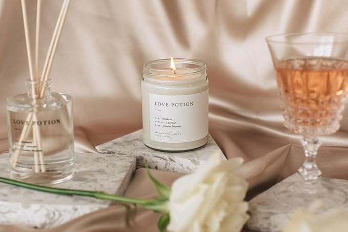 Brooklyn Candle Studio Reed Scent Diffuser - Relaxing Oil Diffuser, Sandalwood & Amber Fragrance, 8 Rattan Diffuser Reeds, Clean Ingredients (3.7oz, Love Potion)