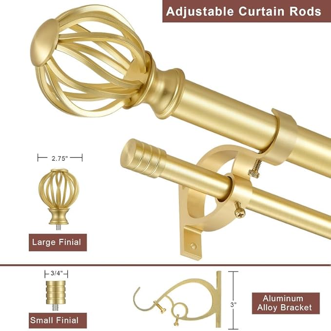 Brass Double Curtain Rods 36-72 Inch, Double Curtain Rods with Round Cage & Barrel Finials, 1-Inch Front and 5/8 Inch Back Double Drapery Rod, Telescoping Double Curtain Rod for Window