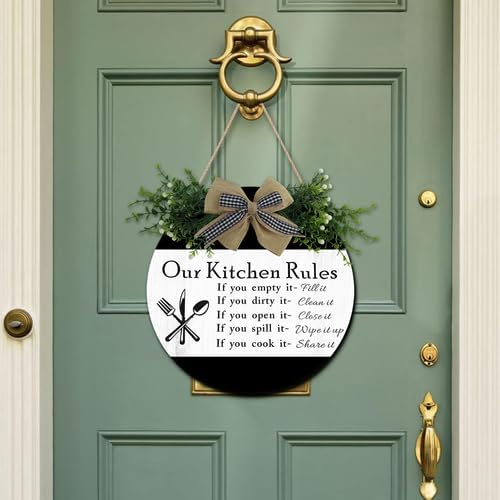 Wooden Our Kitchen Rules Sign 12inch, Rustic Wood Kitchen Hanging Decoration, Cute Eat Decoration for Kitchen Home Dining Room Cafe Restaurant
