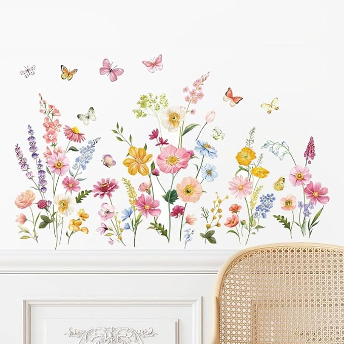 Butterfly and Wild Flower Wall Decals Peel and Stick for Girls Room Wall Decals, Living Room, Nursery, Removable Waterproof Stickers & Murals for Home Decor