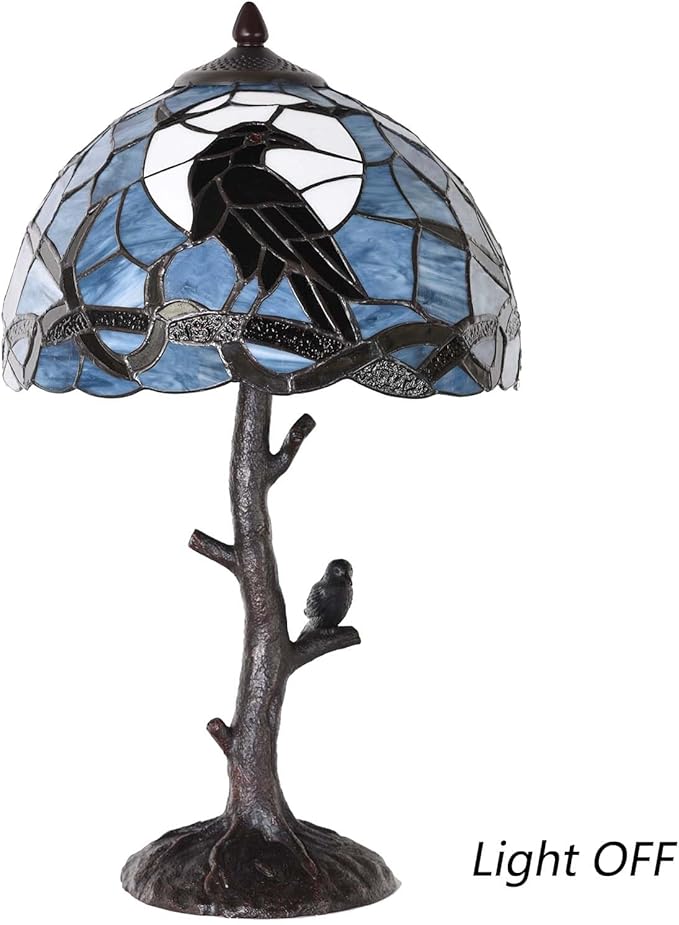 Bieye L10956 Raven Sitting on Bare Tree Branch in Full Moon Night Tiffany Style Stained Glass Table Lamp for Home Decor (Dark Blue, 12Wx20H)